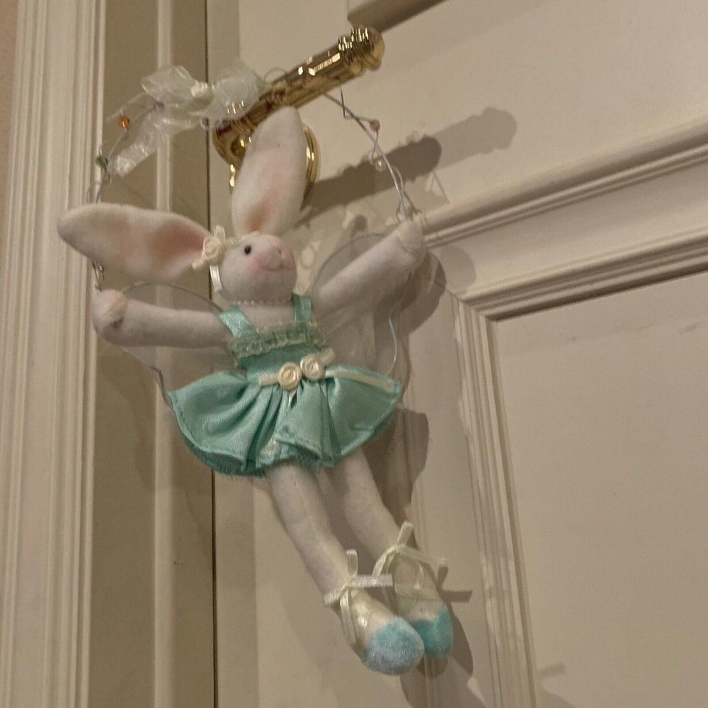 White Bunny Rabbit Girl Ballerina In Blue Dress Easter Decor Ballet
